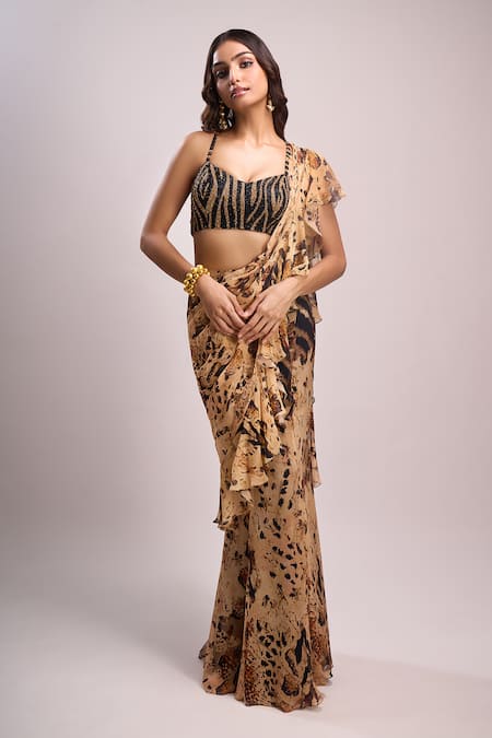 Aza X Shilpa Shetty Kundra Beige Chiffon, Modal, Satin Beads Animal Print Pre-draped Saree With Blouse 