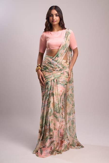 Aza X Shilpa Shetty Kundra Pink Lurex, Georgette, Modal, Silk Leafy Print Pre-draped Saree With Blouse 