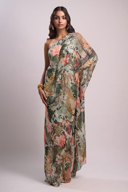 Aza X Shilpa Shetty Kundra Green Lurex, Georgette One Shoulder Tropical Print Kaftan 