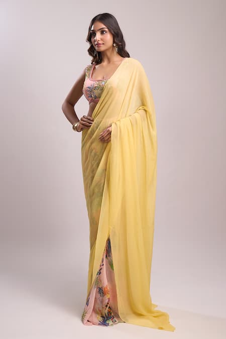 Aza X Shilpa Shetty Kundra Pink Chiffon, Modal, Satin Embroidery Botanic Print Pre-draped Saree With Blouse 