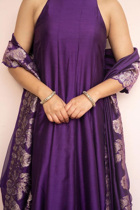 Safaa_Purple Vegan Silk Zari, Gota Patti, Embroidery Chandni Aangan Anarkali Set _Online_at_Aza_Fashions
