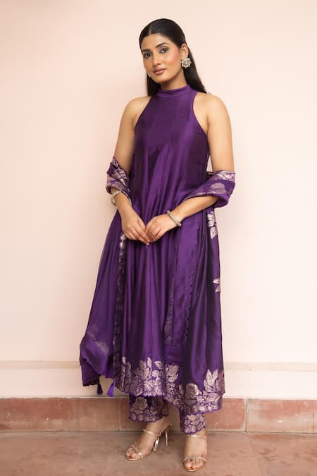 Buy_Safaa_Purple Vegan Silk Zari, Gota Patti, Embroidery Chandni Aangan Anarkali Set _Online_at_Aza_Fashions