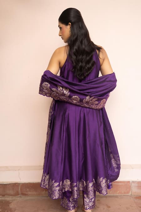 Shop_Safaa_Purple Vegan Silk Zari, Gota Patti, Embroidery Chandni Aangan Anarkali Set _at_Aza_Fashions