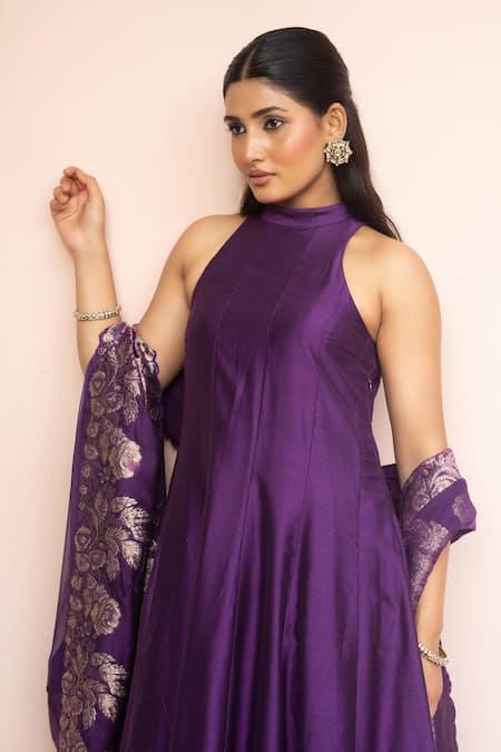 Shop_Safaa_Purple Vegan Silk Zari, Gota Patti, Embroidery Chandni Aangan Anarkali Set _Online_at_Aza_Fashions