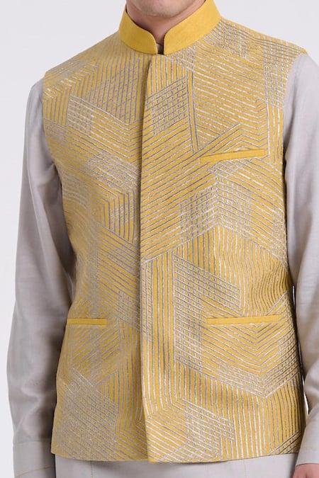 Buy_Dhruv Vaish_Yellow Silk Lace, Embroidery Geometric Pattern Jawahar Jacket Set _Online_at_Aza_Fashions