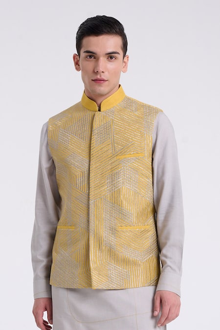 Shop_Dhruv Vaish_Yellow Silk Lace, Embroidery Geometric Pattern Jawahar Jacket Set _Online_at_Aza_Fashions
