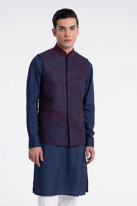 Dhruv Vaish_Burgundy Silk Embroidery Geometric Lace Jawahar Jacket Set _Online_at_Aza_Fashions