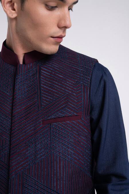 Shop_Dhruv Vaish_Burgundy Silk Embroidery Geometric Lace Jawahar Jacket Set _Online_at_Aza_Fashions