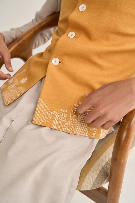 Buy_Dhruv Vaish_Mustard Silk Embroidery Thread Jawahar Jacket Set _Online_at_Aza_Fashions
