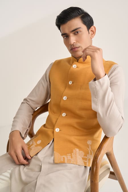 Shop_Dhruv Vaish_Mustard Silk Embroidery Thread Jawahar Jacket Set _Online_at_Aza_Fashions