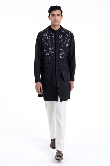 Dhruv Vaish_Black Cotton, Silk Embroidery Hybrid Kurta Set _Online_at_Aza_Fashions