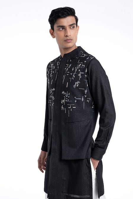 Buy_Dhruv Vaish_Black Cotton, Silk Embroidery Hybrid Kurta Set _Online_at_Aza_Fashions