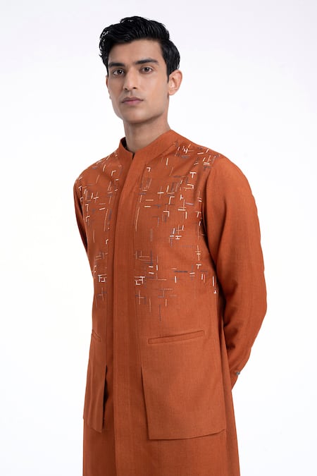 Buy_Dhruv Vaish_Orange Cotton, Silk Embroidery Hybrid Kurta And Pyjama Pant Set _Online_at_Aza_Fashions