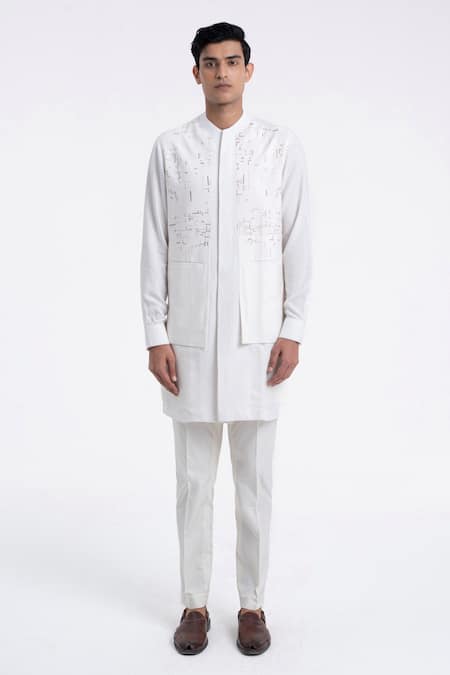 Dhruv Vaish_Ivory Cotton, Silk Embroidery Hybrid Kurta Set _Online_at_Aza_Fashions