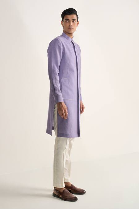 Buy_Dhruv Vaish_Lavender Handloom Cotton, Linen Structured Kurta Set _Online_at_Aza_Fashions