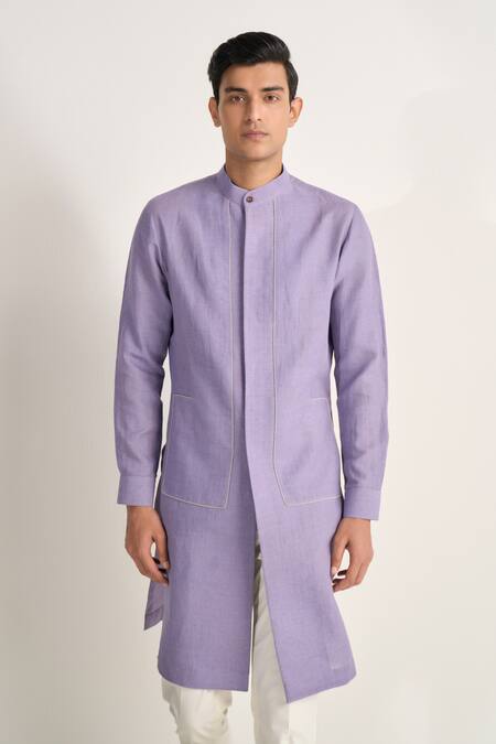 Dhruv Vaish_Lavender Handloom Cotton, Linen Structured Kurta Set _at_Aza_Fashions