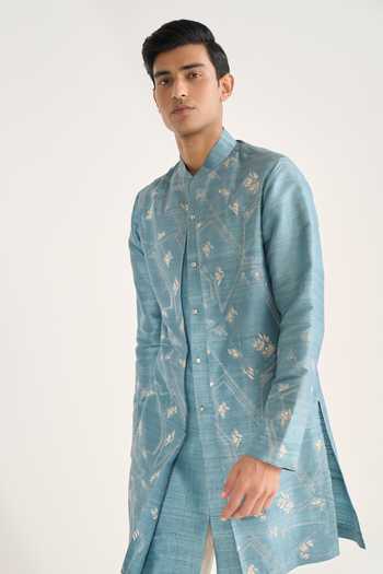 Dhruv Vaish Blue Silk Embroidery Overlay Kurta Set Online at Aza Fashions Dhruv Vaish_Blue Silk Embroidery Overlay Kurta Set _Online_at_Aza_Fashions