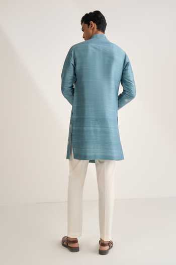 Shop Dhruv Vaish Blue Silk Embroidery Overlay Kurta Set at Aza Fashions Shop_Dhruv Vaish_Blue Silk Embroidery Overlay Kurta Set _at_Aza_Fashions