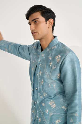 Shop Dhruv Vaish Blue Silk Embroidery Overlay Kurta Set Online at Aza Fashions Shop_Dhruv Vaish_Blue Silk Embroidery Overlay Kurta Set _Online_at_Aza_Fashions
