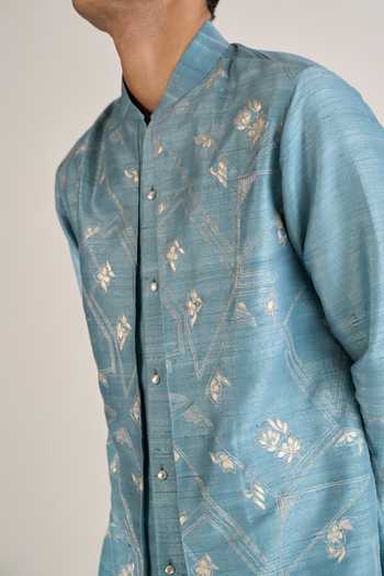 Dhruv Vaish Blue Silk Embroidery Overlay Kurta Set at Aza Fashions Dhruv Vaish_Blue Silk Embroidery Overlay Kurta Set _at_Aza_Fashions