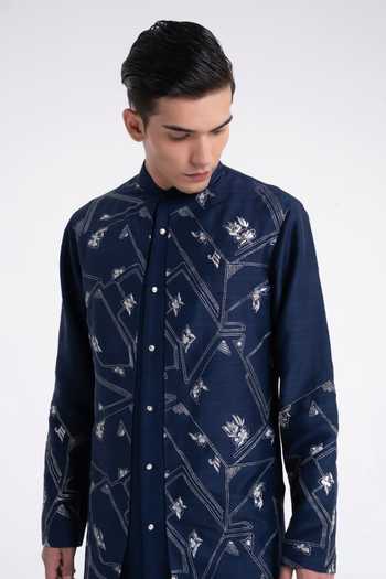 Dhruv Vaish Navy Silk Embroidery Contemporary Kurta Set 5