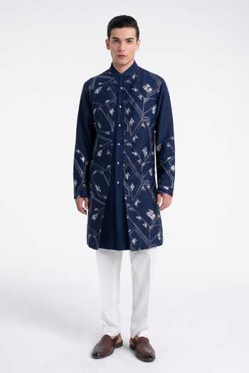 Dhruv Vaish Navy Silk Embroidery Contemporary Kurta Set 1