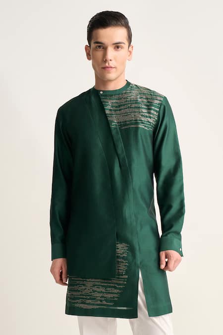 Buy_Dhruv Vaish_Green Silk Zari, Embroidery Layered Kurta Set _Online_at_Aza_Fashions