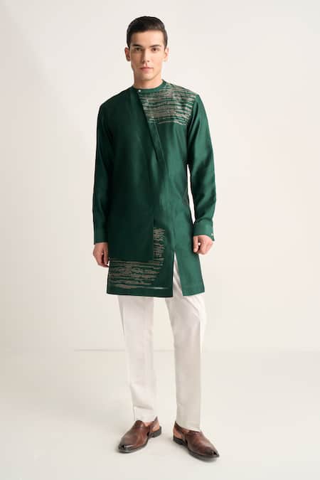 Dhruv Vaish_Green Silk Zari, Embroidery Layered Kurta Set _at_Aza_Fashions