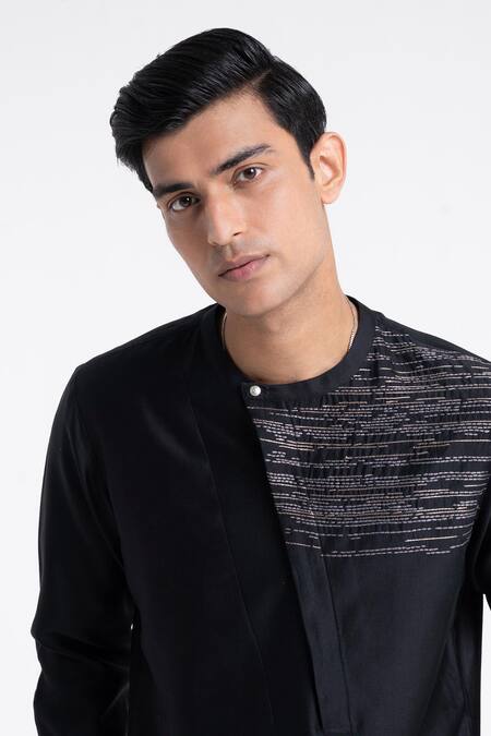 Dhruv Vaish_Black Silk Zari, Embroidery Layered Kurta Set _Online_at_Aza_Fashions