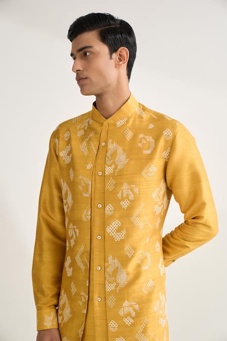Dhruv Vaish Yellow Silk Embroidery Contemporary Kurta Set Online at Aza Fashions Dhruv Vaish_Yellow Silk Embroidery Contemporary Kurta Set _Online_at_Aza_Fashions