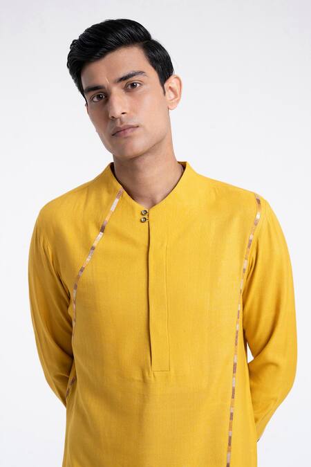 Dhruv Vaish_Yellow Cotton, Silk Embroidery Thread Kurta Set _Online_at_Aza_Fashions