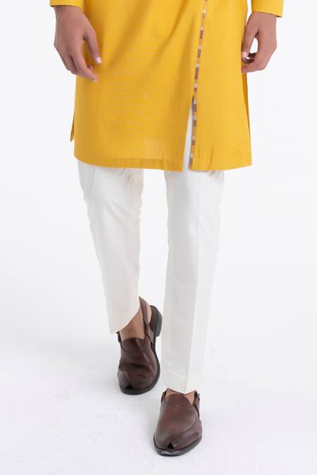 Buy_Dhruv Vaish_Yellow Cotton, Silk Embroidery Thread Kurta Set _Online_at_Aza_Fashions