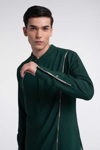 Buy_Dhruv Vaish_Green , Satin Embroidery Thread Kurta Set _Online_at_Aza_Fashions