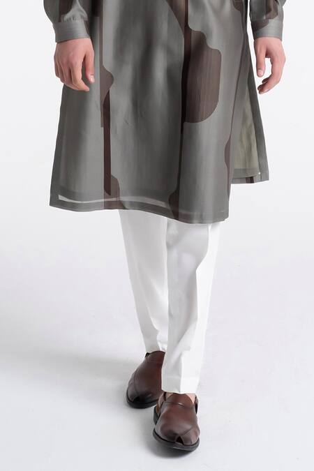 Dhruv Vaish_Gray Chanderi, Cotton, Silk Abstract Print Kurta Set _Online_at_Aza_Fashions