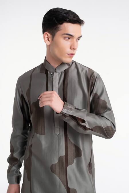 Shop_Dhruv Vaish_Gray Chanderi, Cotton, Silk Abstract Print Kurta Set _Online_at_Aza_Fashions
