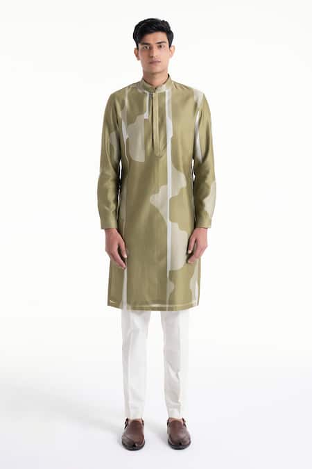Dhruv Vaish_Olive Green Chanderi Printed Classic Kurta Set _Online_at_Aza_Fashions