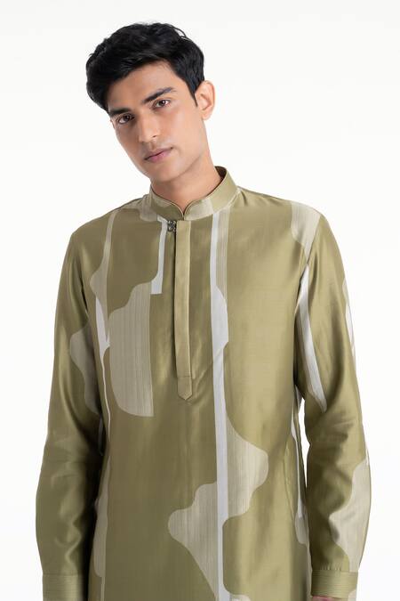 Shop_Dhruv Vaish_Olive Green Chanderi Printed Classic Kurta Set _Online_at_Aza_Fashions