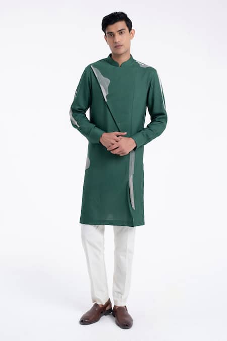 Dhruv Vaish Emerald Green Satin, Embroidery Silk Kurta Set 