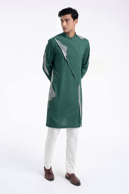 Buy_Dhruv Vaish_Emerald Green Satin, Embroidery Silk Kurta Set _Online_at_Aza_Fashions