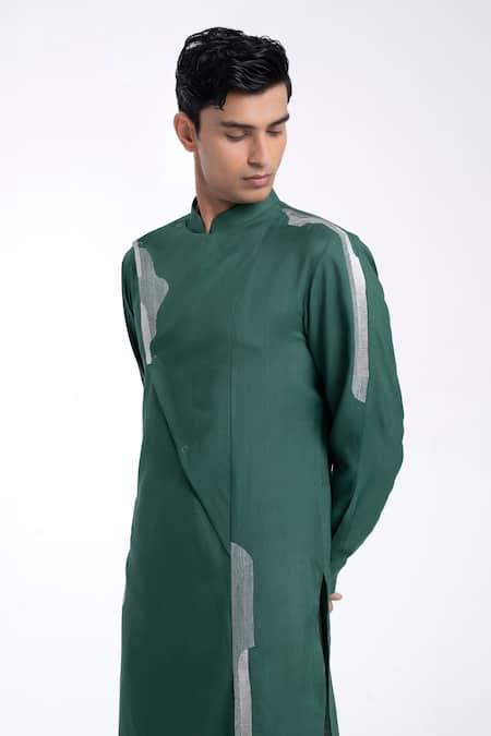 Shop_Dhruv Vaish_Emerald Green Satin, Embroidery Silk Kurta Set _Online_at_Aza_Fashions