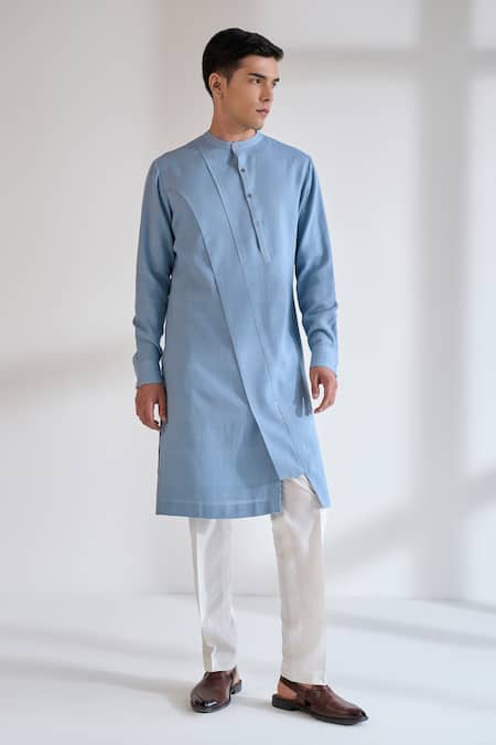 Dhruv Vaish Blue Cotton, Silk Diagonal Curve Panel Kurta Set 