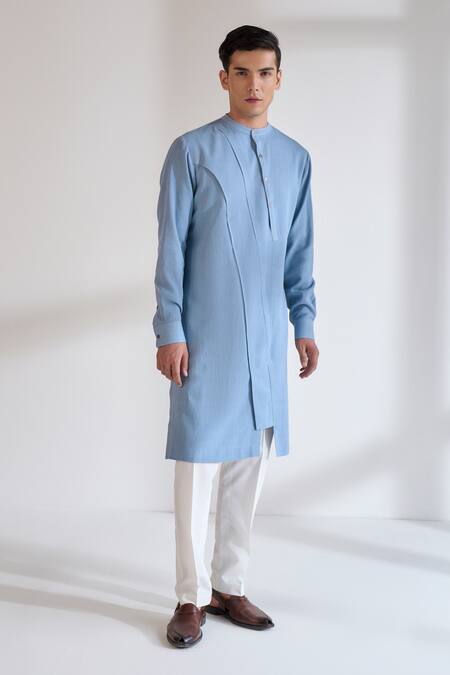 Buy_Dhruv Vaish_Blue Cotton, Silk Diagonal Curve Panel Kurta Set _Online_at_Aza_Fashions