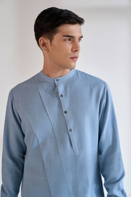 Shop_Dhruv Vaish_Blue Cotton, Silk Diagonal Curve Panel Kurta Set _Online_at_Aza_Fashions