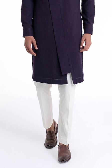 Dhruv Vaish_Purple Cotton, Silk Solid Diagonal Curve Panel Kurta Set _Online_at_Aza_Fashions