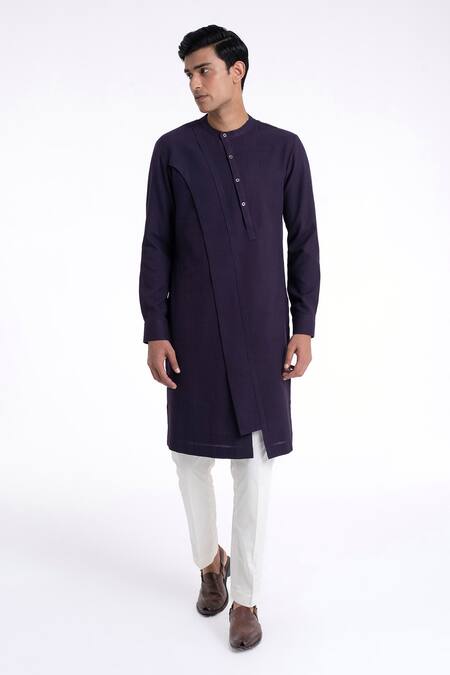 Buy_Dhruv Vaish_Purple Cotton, Silk Solid Diagonal Curve Panel Kurta Set _Online_at_Aza_Fashions