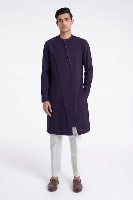 Dhruv Vaish Purple Cotton, Silk Solid Diagonal Curve Panel Kurta Set 