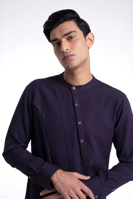 Shop_Dhruv Vaish_Purple Cotton, Silk Solid Diagonal Curve Panel Kurta Set _Online_at_Aza_Fashions