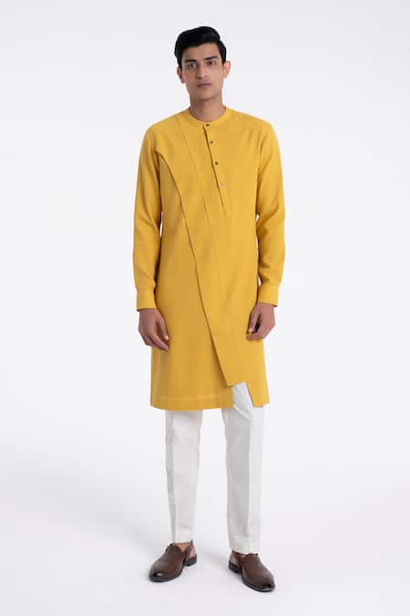 Dhruv Vaish Yellow Cotton, Silk Diagonal Curve Panel Kurta Set 