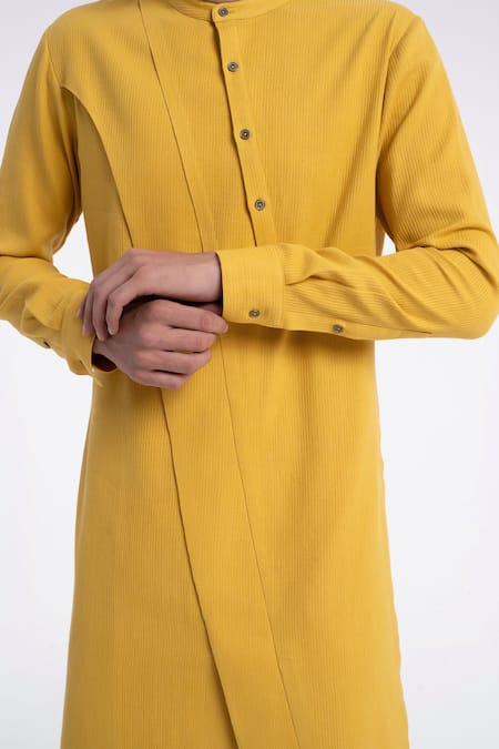 Dhruv Vaish_Yellow Cotton, Silk Diagonal Curve Panel Kurta Set _Online_at_Aza_Fashions