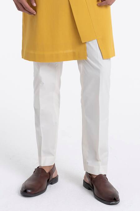 Buy_Dhruv Vaish_Yellow Cotton, Silk Diagonal Curve Panel Kurta Set _Online_at_Aza_Fashions